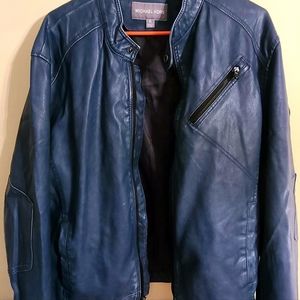Michael Kors Mens Bomber Jacket Blue Faux Leather Lined Zip Close Long Sleeve XL